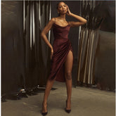 European And American-Style Women's ClothinginsHigh-Profile Figure Sexy Suspender Pleated Dress Slit Dress Irregular Skirt New